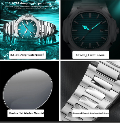 Luxury Watch Business Waterproof Male Clock Luminous Date Stainless Steel Square Quartz Men Watch